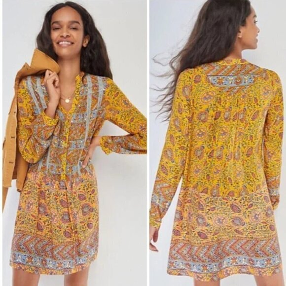 Anthropologie TINY Ismelda Tunic Dress Floral Yellow Printed Long Sleeve Small - Picture 1 of 16